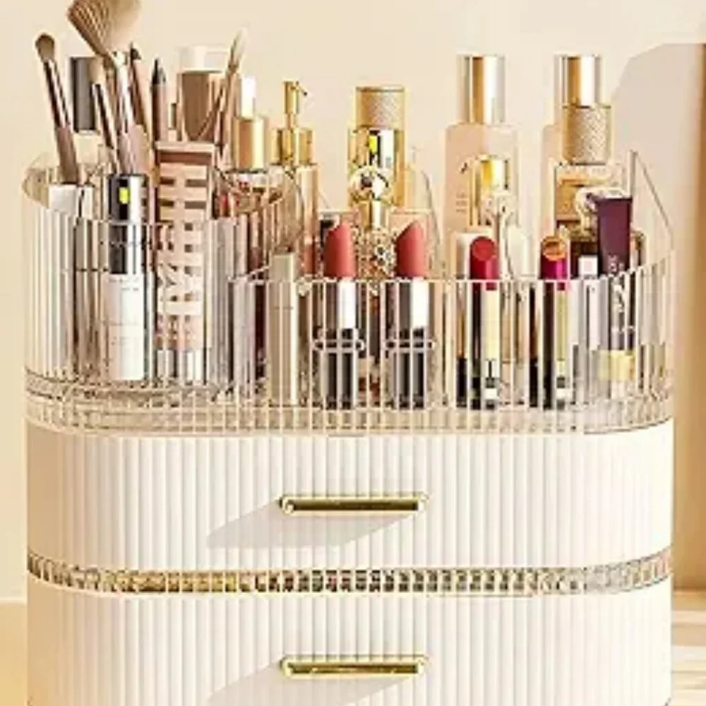 Makeup organizer with drawers rotating brush holder skincare vanity storage